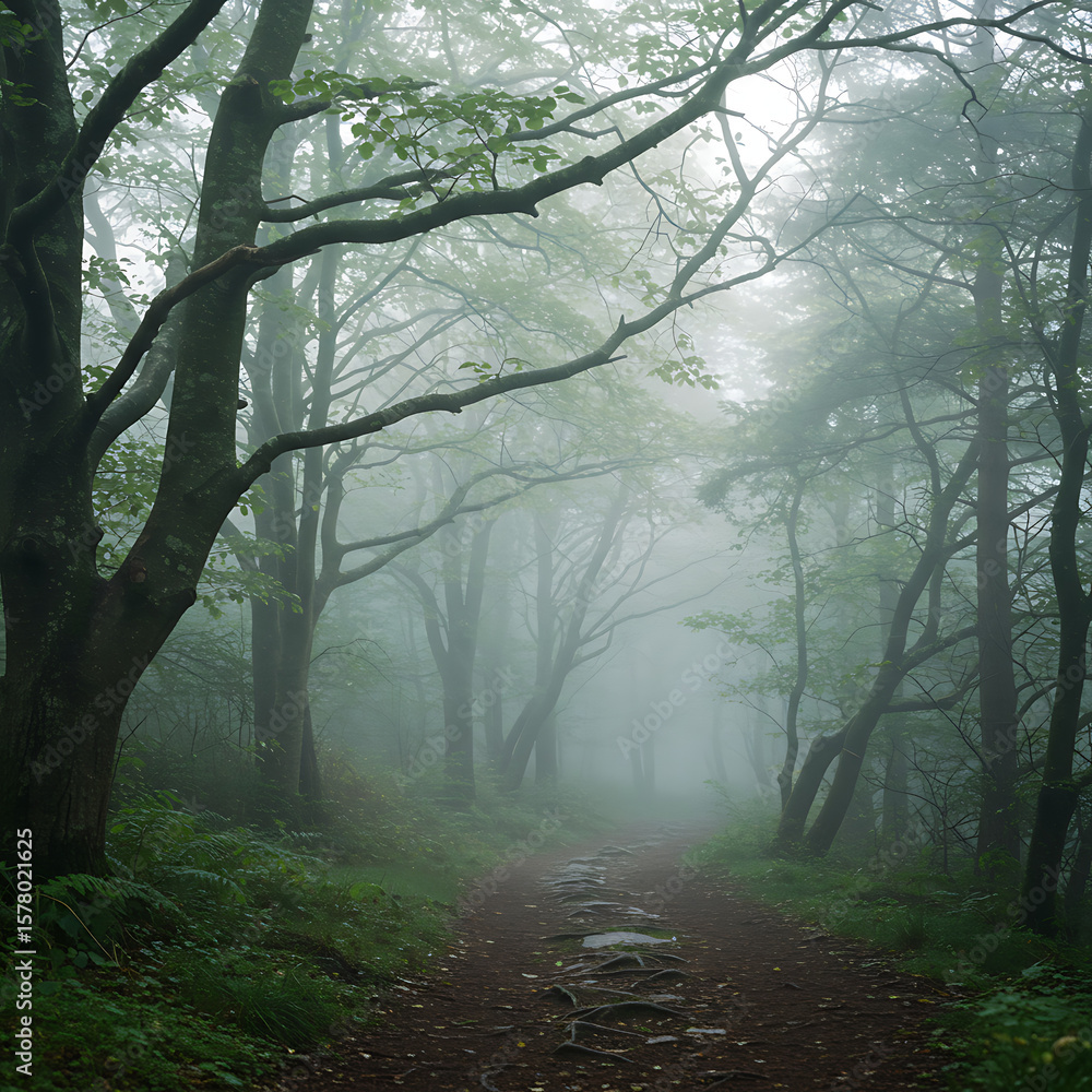 Aufkleber a serene and atmospheric forest path winding through dense trees shrouded in a soft mist, evoking a 