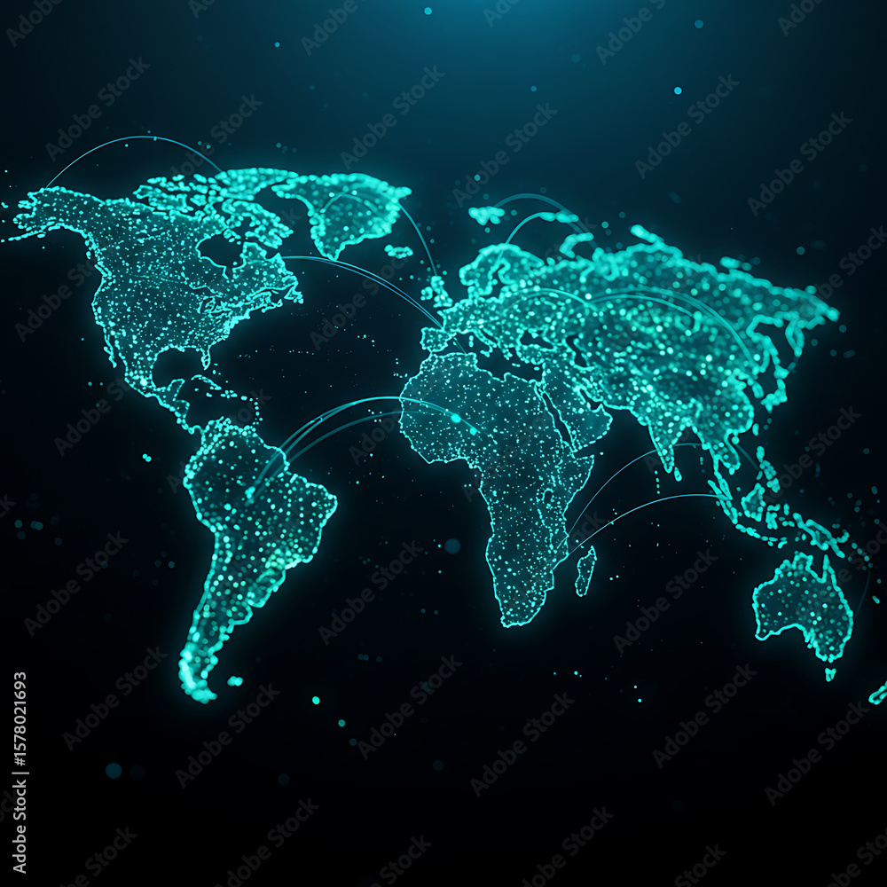 Poster a glowing digital world map with interconnected lines and shimmering dots, symbolizing global commun