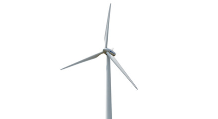 A modern wind turbine with three blades, symbolizing clean energy production and sustainable environmental practices, isolated on a white background.
