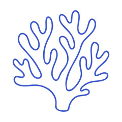 Coral reef silhouette in marine blue line art style. Hand drawn marine icon. Outline vector isolated illustration.