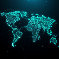 A glowing digital world map with interconnected lines and shimmering dots, symbolizing global communication, data networks, and international connectivity.
