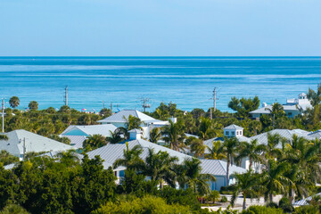 American waterfront houses in rural US suburbs. View from above of large residential homes in...
