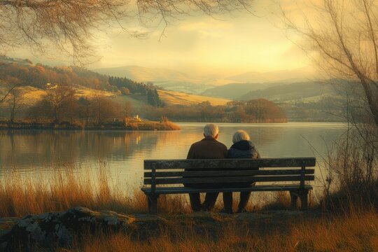 Elderly couple sits on a bench by a lake, enjoying the serene autumn sunset landscape.