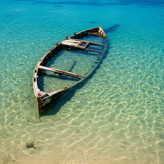 Obraz premium An old wooden boat partially sunken in crystal-clear turquoise waters near a sandy beach, creating a serene and picturesque tropical scene. 
