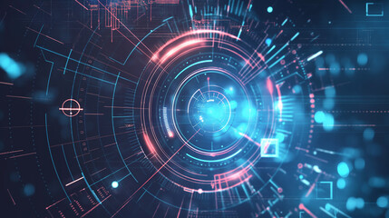 Obraz premium Abstract technology interface with circular patterns and connected circuit lines, representing innovation and connectivity.