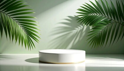 White pedestal, tropical leaves, soft light