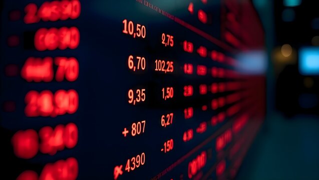 Electronic stock market board displaying real-time financial numbers, quotes, and market data with illuminated figures