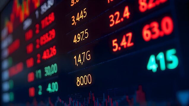 Close-up view of an electronic stock market display board showing rows of fluctuating financial numbers and market indicators