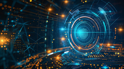 Fototapeta premium Abstract technology interface with circular patterns and connected circuit lines, representing innovation and connectivity.