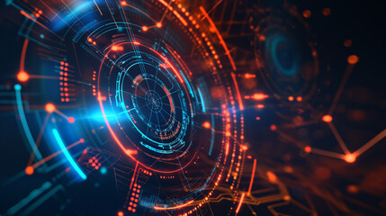 Obraz premium Abstract technology interface with circular patterns and connected circuit lines, representing innovation and connectivity.