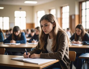 school students, writing and desk in classroom with books for english literature or language for exam. People, university and scholarship for learning or education, knowledge and academic work