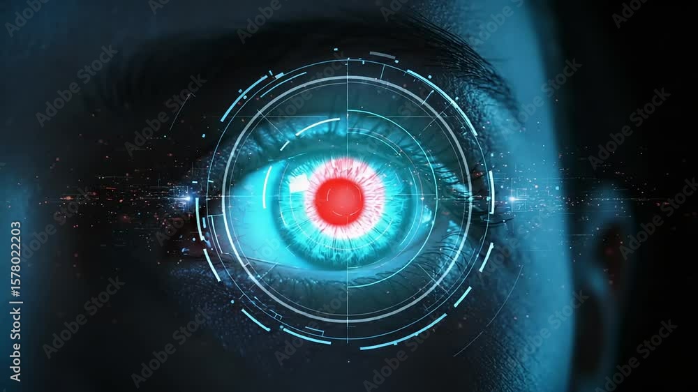 Poster futuristic eye with a glowing red center encircled by digital lines technology vision artificial int