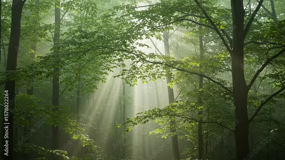 Poster sunlight filters through dense trees illuminating a misty forest creating a serene and ethereal wood
