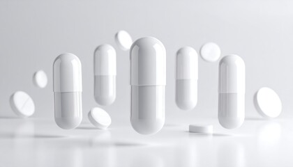White pills and capsules levitate on a white background