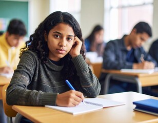 school students, writing and desk in classroom with books for english literature or language for exam. People, university and scholarship for learning or education, knowledge and academic work