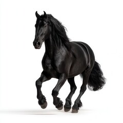 Fototapeta premium Majestic black Friesian horse galloping with flowing mane and tail against pure white background, showcasing powerful movement and elegant form in professional equine photography