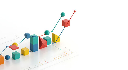 A dynamic 3D bar chart with spheres and lines in vibrant colors, illustrating financial data, business growth, and statistical analysis on a white background.
