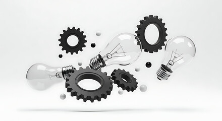 An abstract visualization of floating light bulbs and gears, symbolizing innovation, ideas, problem-solving, and the mechanics of thought and collaboration.
