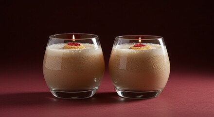 Two Candlelit Glass Candles with Floating Wicks on Pink Surface in Dark Background