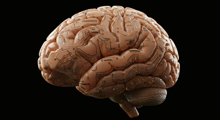A detailed anatomical model of the human brain with medical diagrams and labels, representing neuroscience, intelligence, or mental health concepts.

