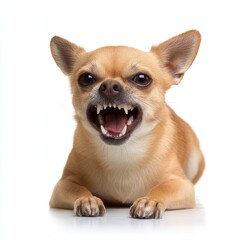 Aggressive tan Chihuahua dog growling with bared teeth and fangs against white background, pet behavior warning sign for animal training industry, free copy space for text