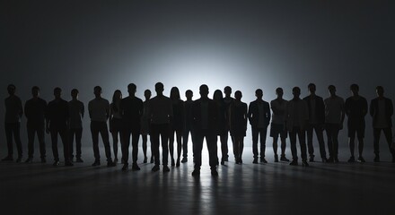 Group of Silhouetted People Standing in Dark Room with Bright Backlight