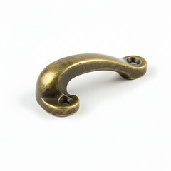 A single, classic brass-colored cabinet or drawer handle with an elegant curved design and visible mounting points, isolated on white.
