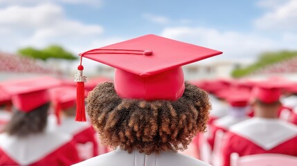 Graduation ceremony moment with focus on student wearing red cap and gown, celebrating achievement on a sunny day
