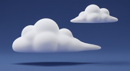 Two White Cloud Shapes on Deep Blue Sky Background in Minimalist Style