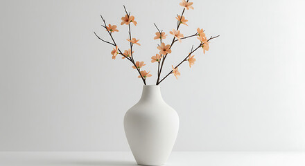 A modern white ceramic vase holding delicate branches with small orange blossoms, offering a minimalist and elegant floral arrangement.
