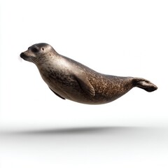 Graceful spotted seal swimming in mid-air against white background, showcasing sleek marine mammal with distinctive speckled coat pattern in wildlife conservation imagery with free copy space