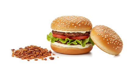 A classic double cheeseburger with lettuce, tomato, and sauce, served alongside a pile of crispy bacon bits and a separate bun half.
