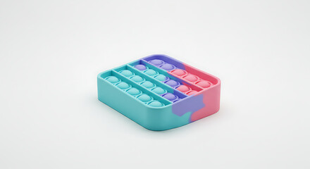 A colorful, rectangular pop-it fidget toy with rows of pushable bubbles in blue, purple, and pink, isolated on a white background.
