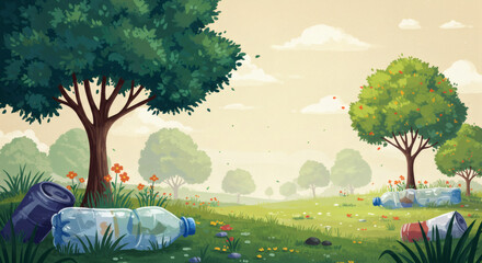 A cartoon landscape illustrating environmental pollution with discarded plastic bottles and trash scattered across a vibrant green field with trees.
