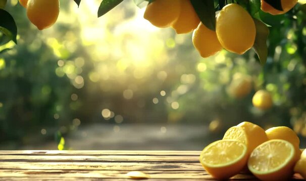 Ripe yellow lemons hanging from a tree branch in a citrus grove at sunset, with freshly picked lemons on a wooden table in the foreground, creating a vibrant and refreshing scene