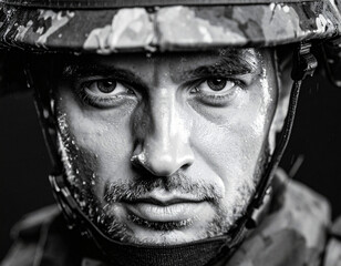 grayscale close up soldier in the rain