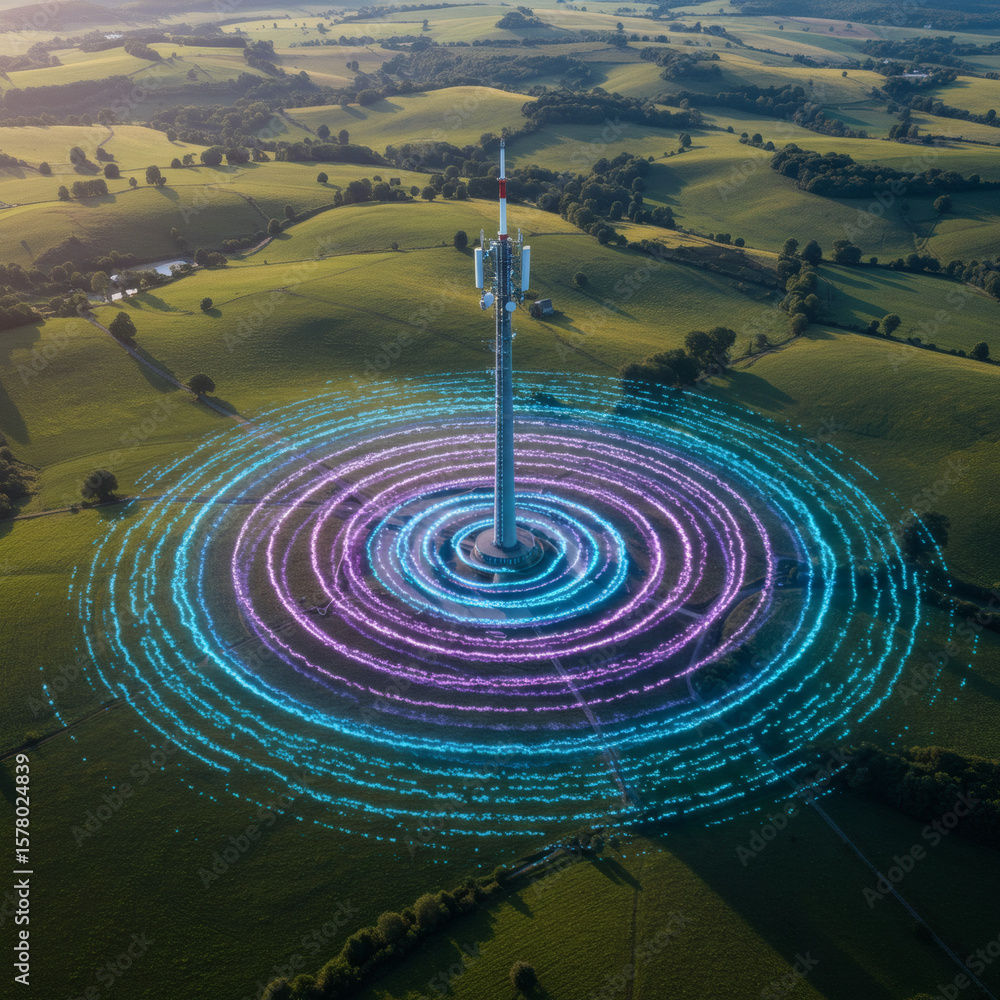 Poster an aerial view of a cell tower emitting glowing concentric circles of data or signal across a lush g