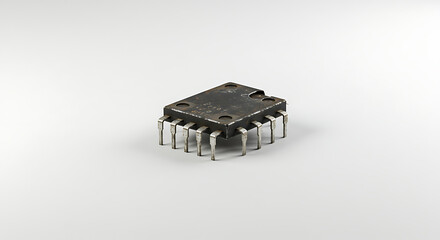 A close-up, isolated view of a vintage black integrated circuit (IC) or microchip with multiple pins, against a clean white background.
