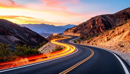 Winding road at sunset, car light trails