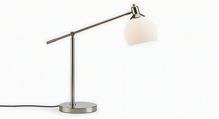 A modern and sleek metallic desk lamp with an adjustable arm and a white dome-shaped shade, isolated on a bright white background.
