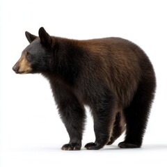Fototapeta premium Majestic black bear standing in profile against white background, showcasing glossy dark fur and distinctive profile with alert ears and tan muzzle, wildlife photography with free copy space
