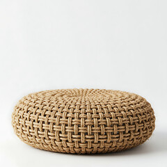 A round, natural-colored cushion or pouf with a distinctive woven texture, ideal for floor seating or as a decorative accent.

