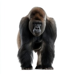 Fototapeta premium Powerful adult male gorilla standing upright against white background, displaying muscular build and intense gaze in professional wildlife photography with free copy space for text