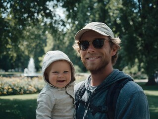A happy young father holds his smiling baby in a park with a fountain and green trees on a sunny summer day.