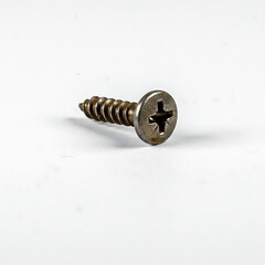 A single, slightly rusted Phillips head screw, isolated on a clean white background, highlighting its metal texture and wear.
