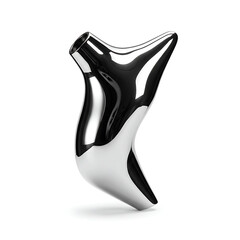A striking, highly reflective chrome-plated sculptural object with a unique, organic, and modern design, isolated on a white background.
