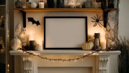 Halloween Mantle Display with Pumpkins, Candles and Spooky Decorations for Holiday Season