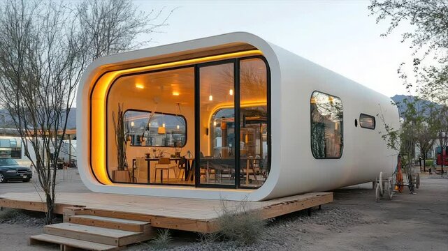 Modern, curved, white prefab dwelling with glass walls, wooden deck, and warm interior lighting