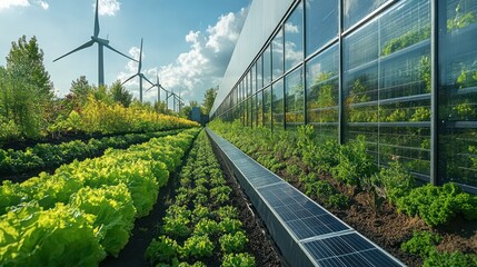 Rows of lettuce and plants in front of a greenhouse with solar panels and wind turbines