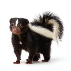 Obraz premium Curious skunk standing against white background with distinctive black and white striped fur pattern and bushy tail in wildlife photography free copy space for text